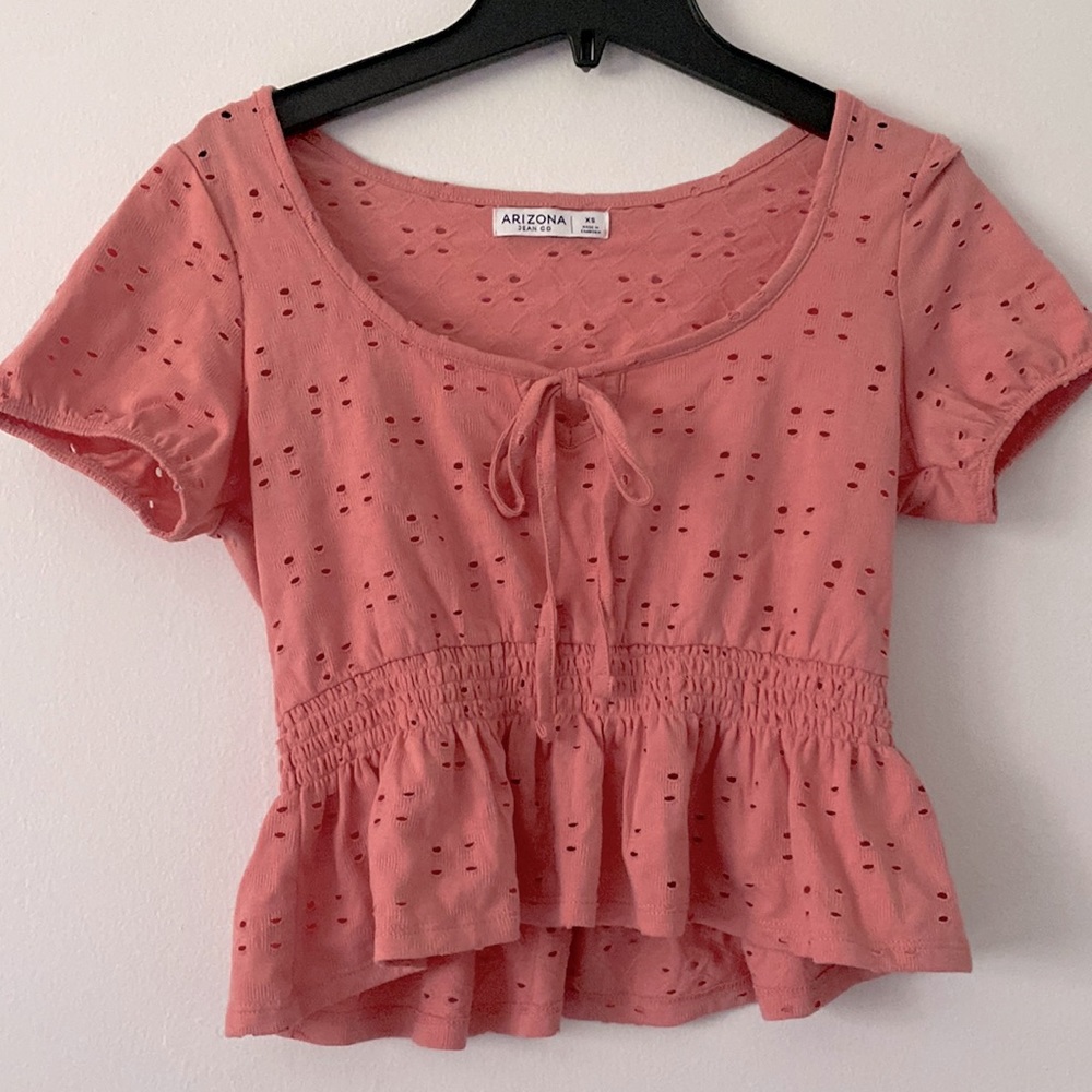 coral eyelet crop blouse front tie puff sleeve